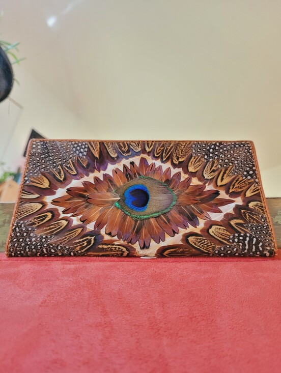 Vintage Handbags - Vintage 70s Peacock Feather Brown Leather Multicolor Bill Wallet
